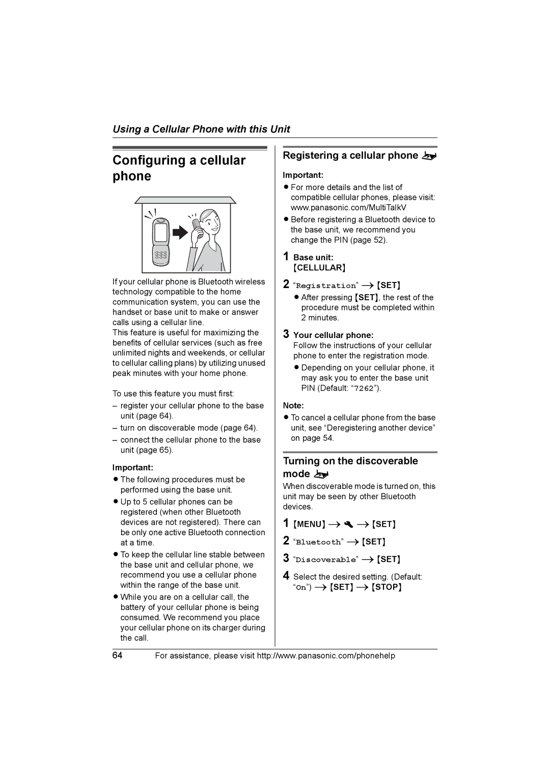 Panasonic KX-TH102-C Configuring a cellular phone, Registering a cellular phone o, Turning on the discoverable mode o 