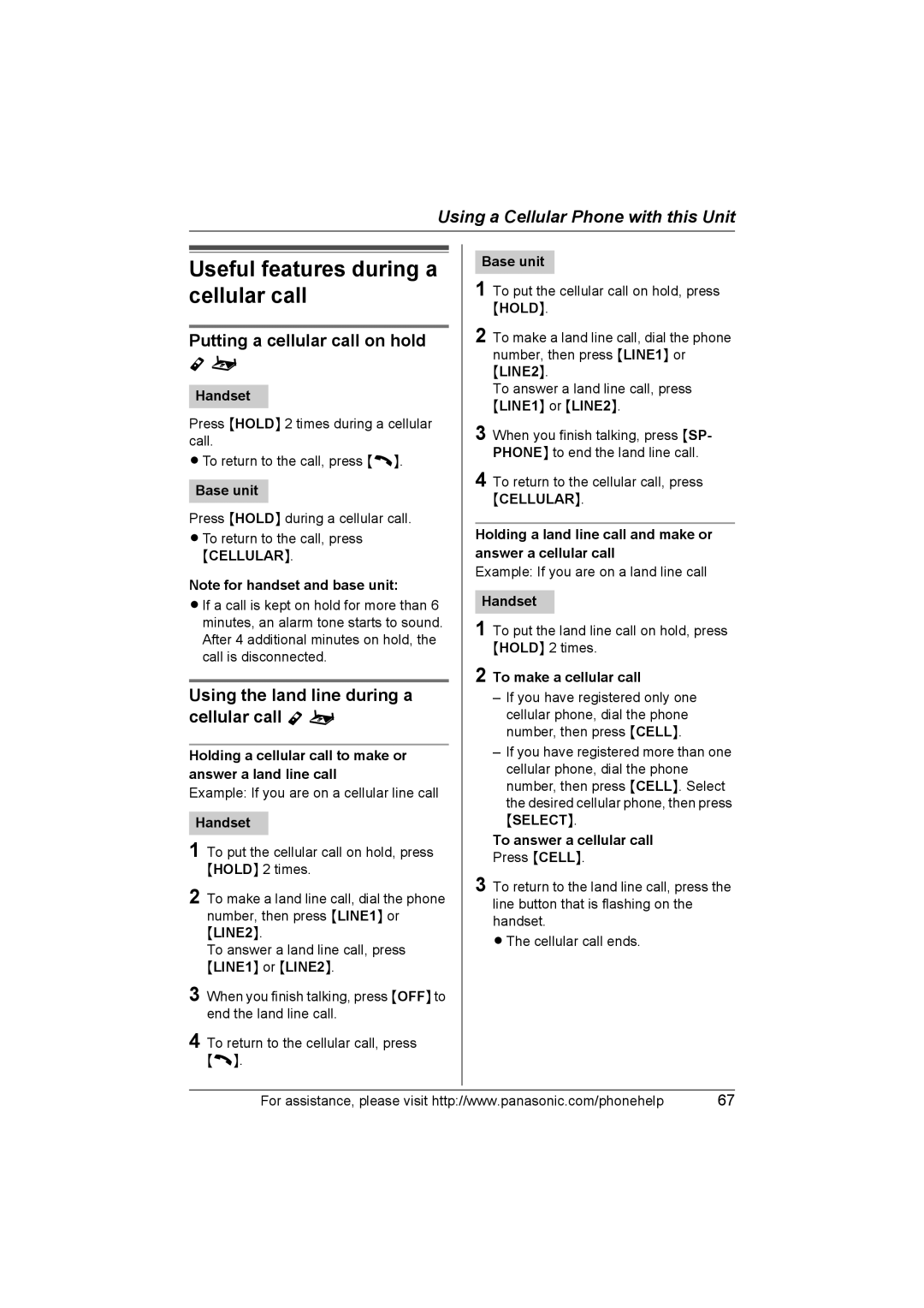 Panasonic KX-TH102-C operating instructions Useful features during a cellular call, Putting a cellular call on hold 