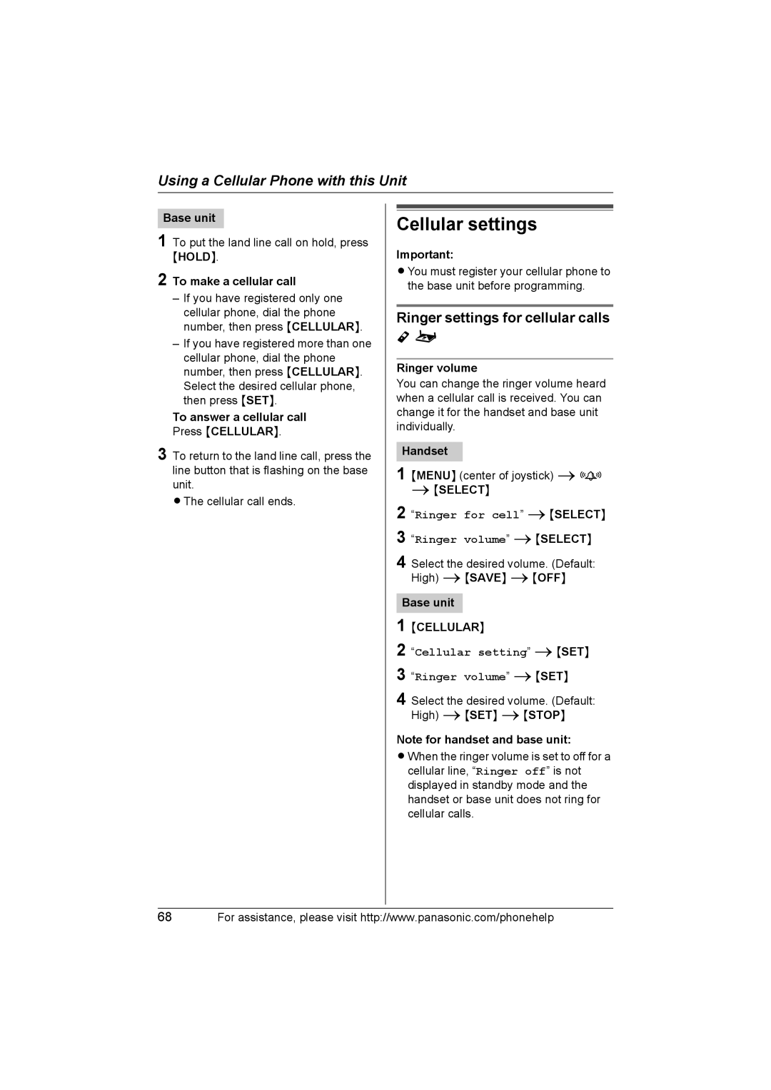 Panasonic KX-TH102-C operating instructions Cellular settings, Ringer settings for cellular calls, Ringer volume 