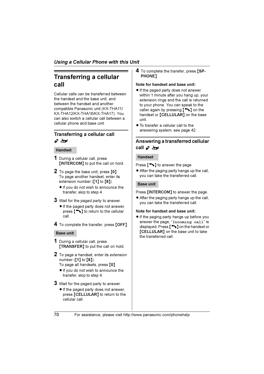 Panasonic KX-TH102-C operating instructions Transferring a cellular call, Answering a transferred cellular call Y o 