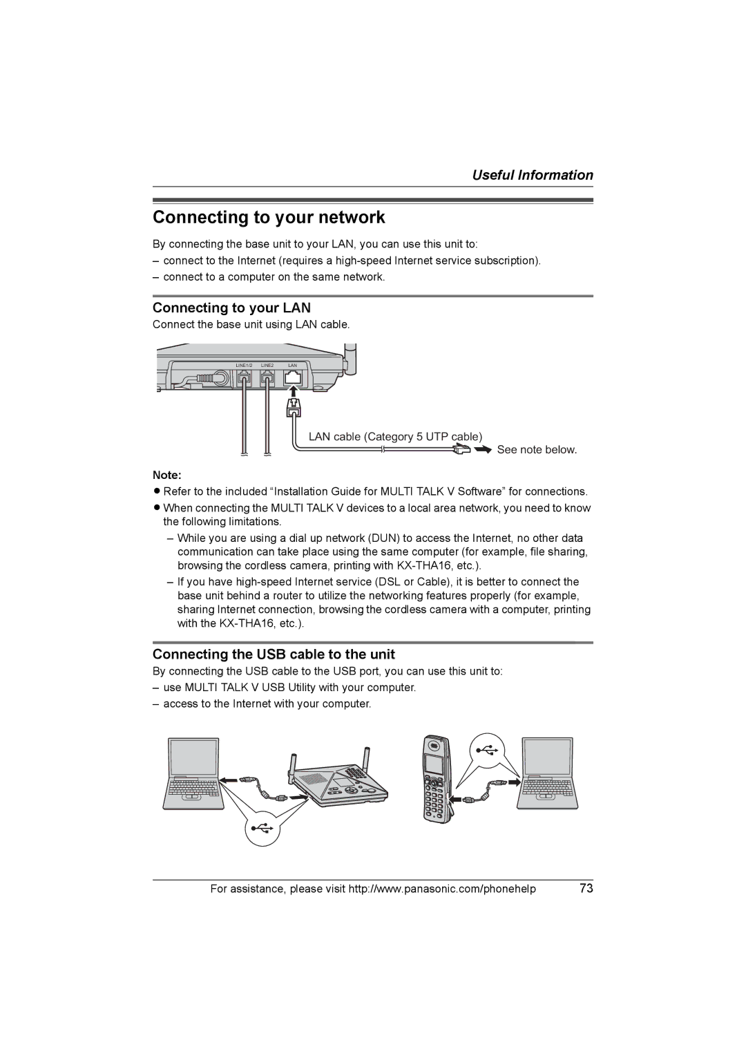 Panasonic KX-TH102-C Connecting to your network, Connecting to your LAN, Connecting the USB cable to the unit 