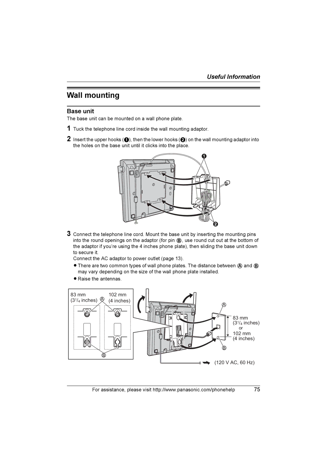 Panasonic KX-TH102-C operating instructions Wall mounting, Base unit 