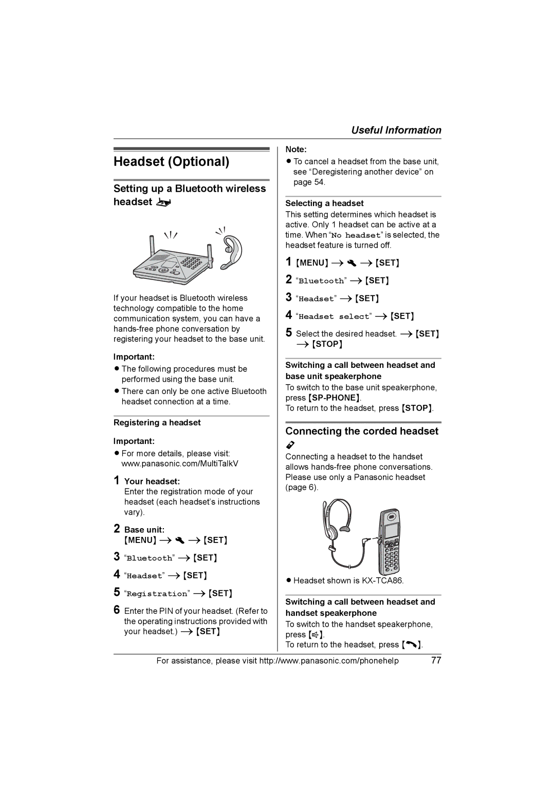 Panasonic KX-TH102-C Headset Optional, Setting up a Bluetooth wireless headset o, Connecting the corded headset 