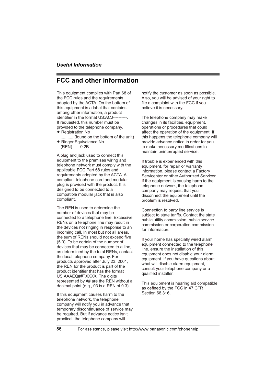 Panasonic KX-TH102-C operating instructions FCC and other information 