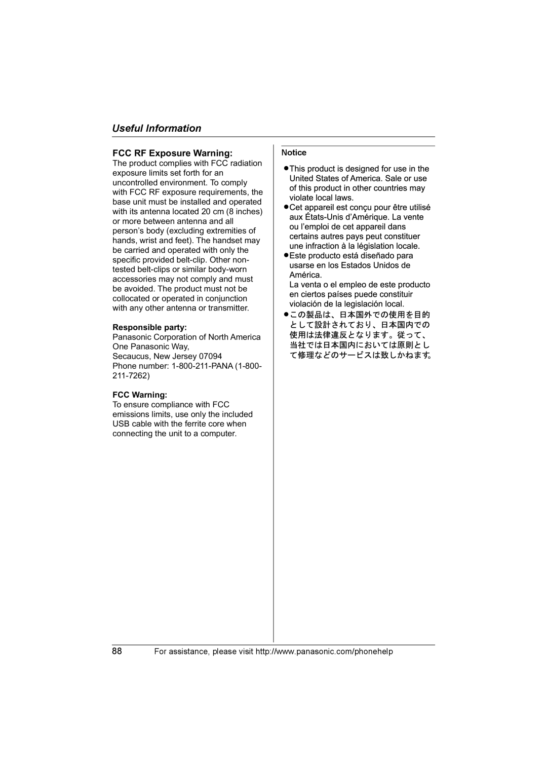 Panasonic KX-TH102-C operating instructions Responsible party, FCC Warning 