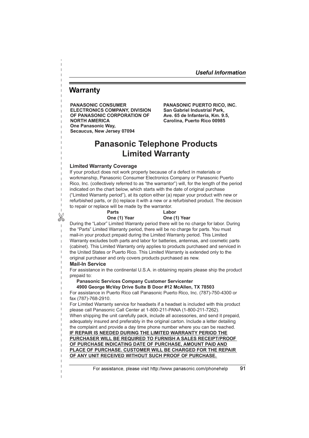 Panasonic KX-TH102-C operating instructions Warranty, Panasonic Corporation, North America 