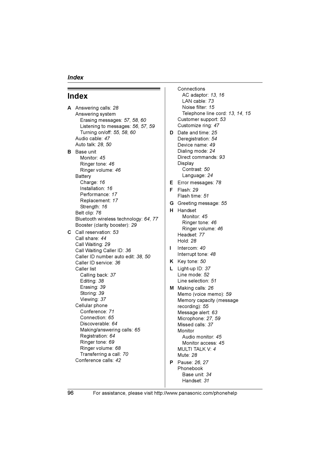 Panasonic KX-TH102-C operating instructions Index 