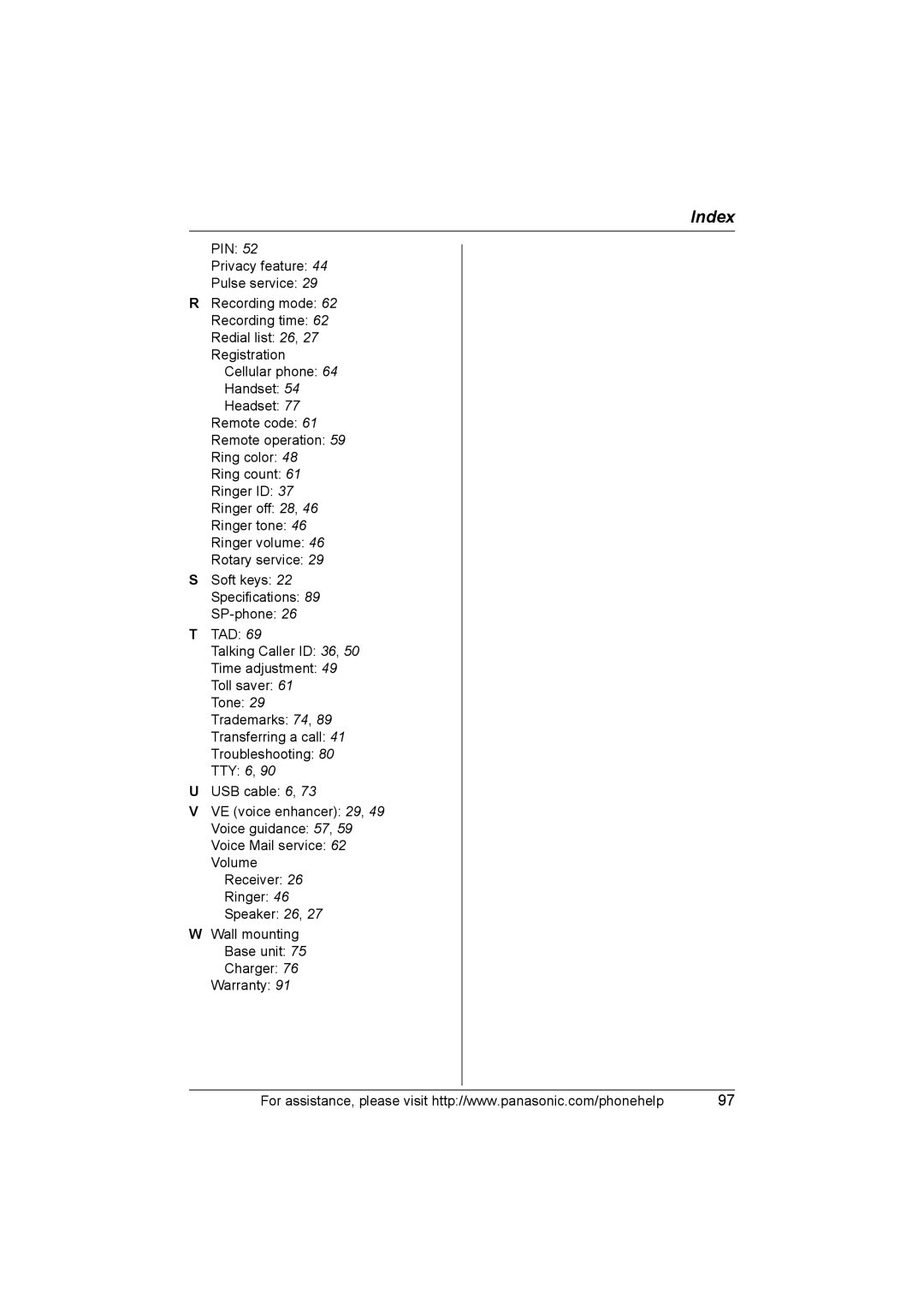 Panasonic KX-TH102-C operating instructions Index 