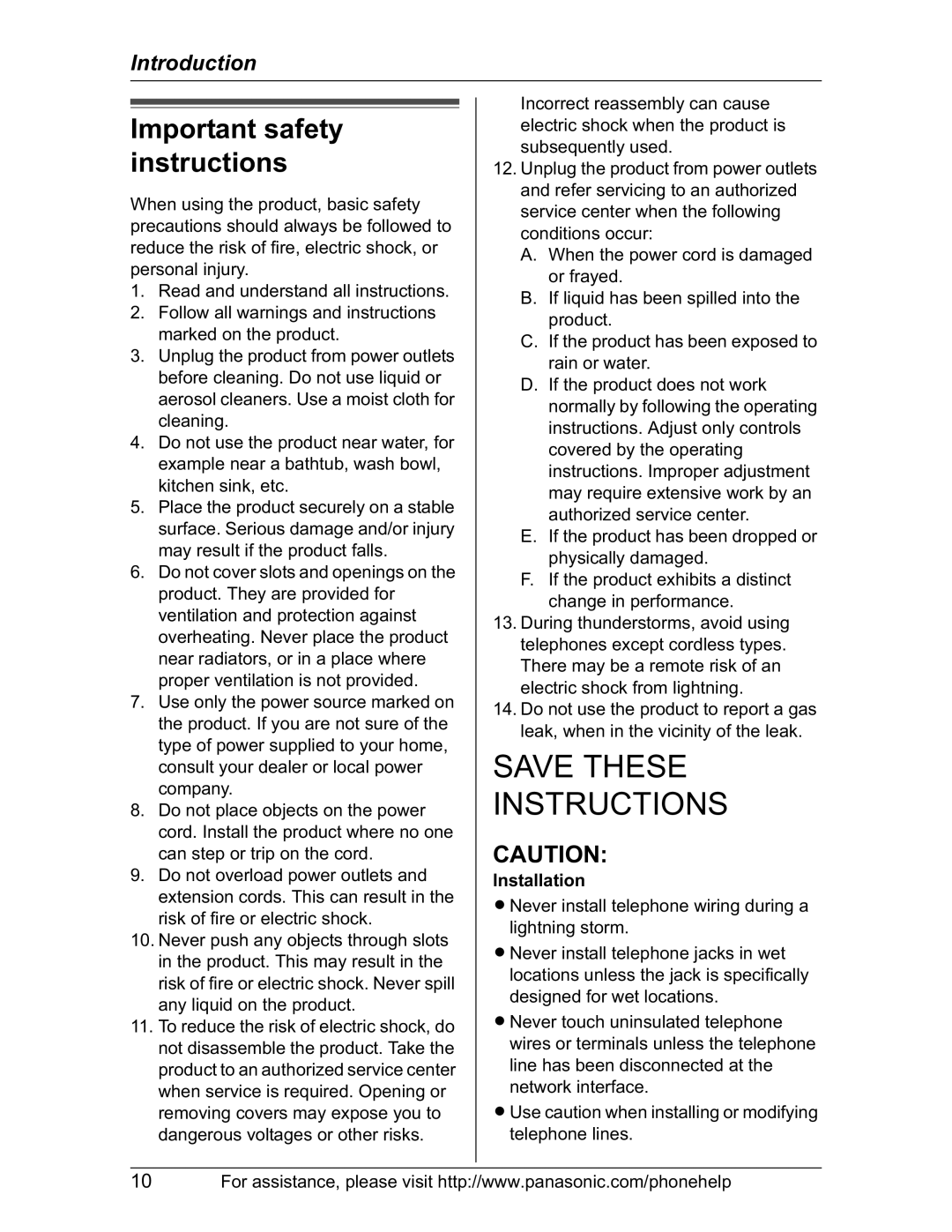 Panasonic KX-TH102-M operating instructions Important safety instructions, Installation 