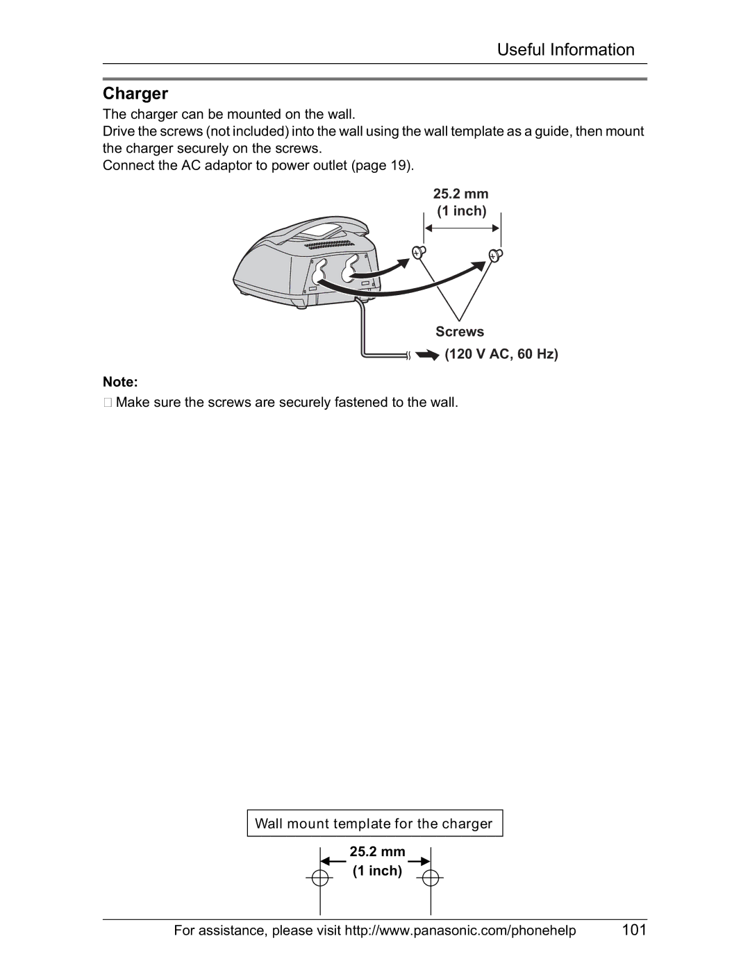 Panasonic KX-TH102-M operating instructions Charger, Wall mount template for the charger 