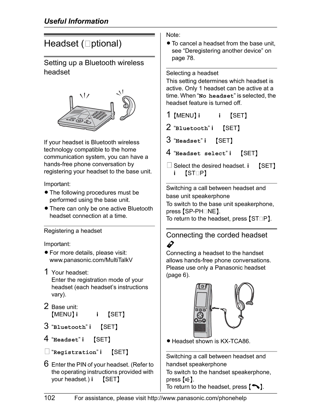 Panasonic KX-TH102-M Headset Optional, Setting up a Bluetooth wireless headset o, Connecting the corded headset 