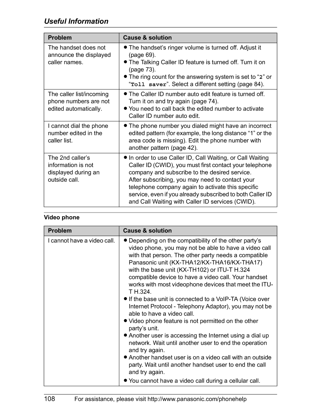 Panasonic KX-TH102-M operating instructions Video phone Problem Cause & solution 