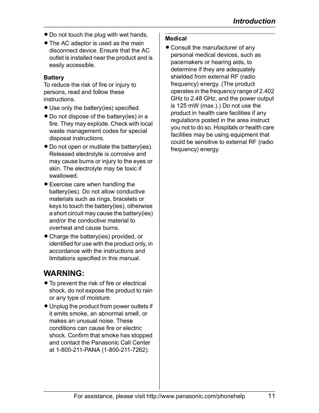 Panasonic KX-TH102-M operating instructions Battery, Medical 