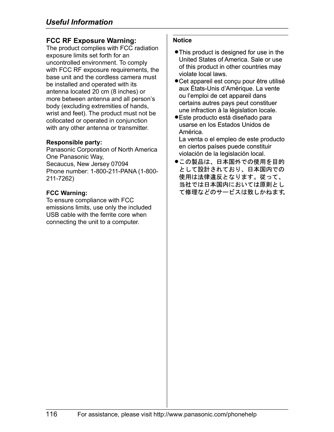 Panasonic KX-TH102-M operating instructions Responsible party, FCC Warning 