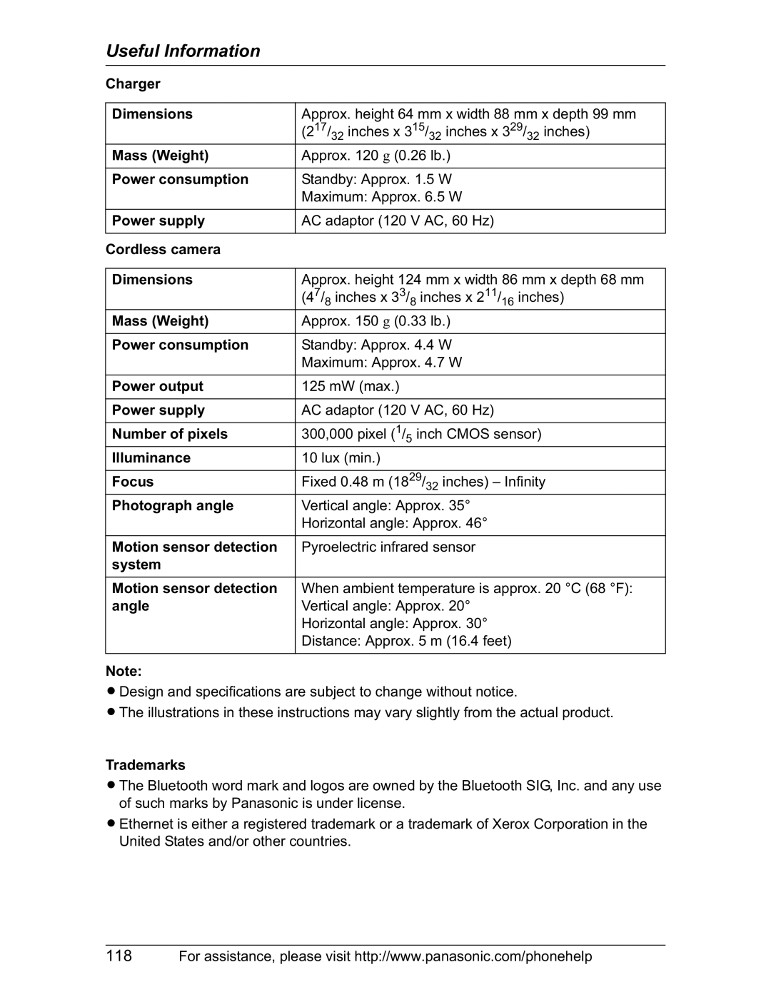 Panasonic KX-TH102-M Charger Dimensions, Cordless camera Dimensions, Number of pixels, Photograph angle 