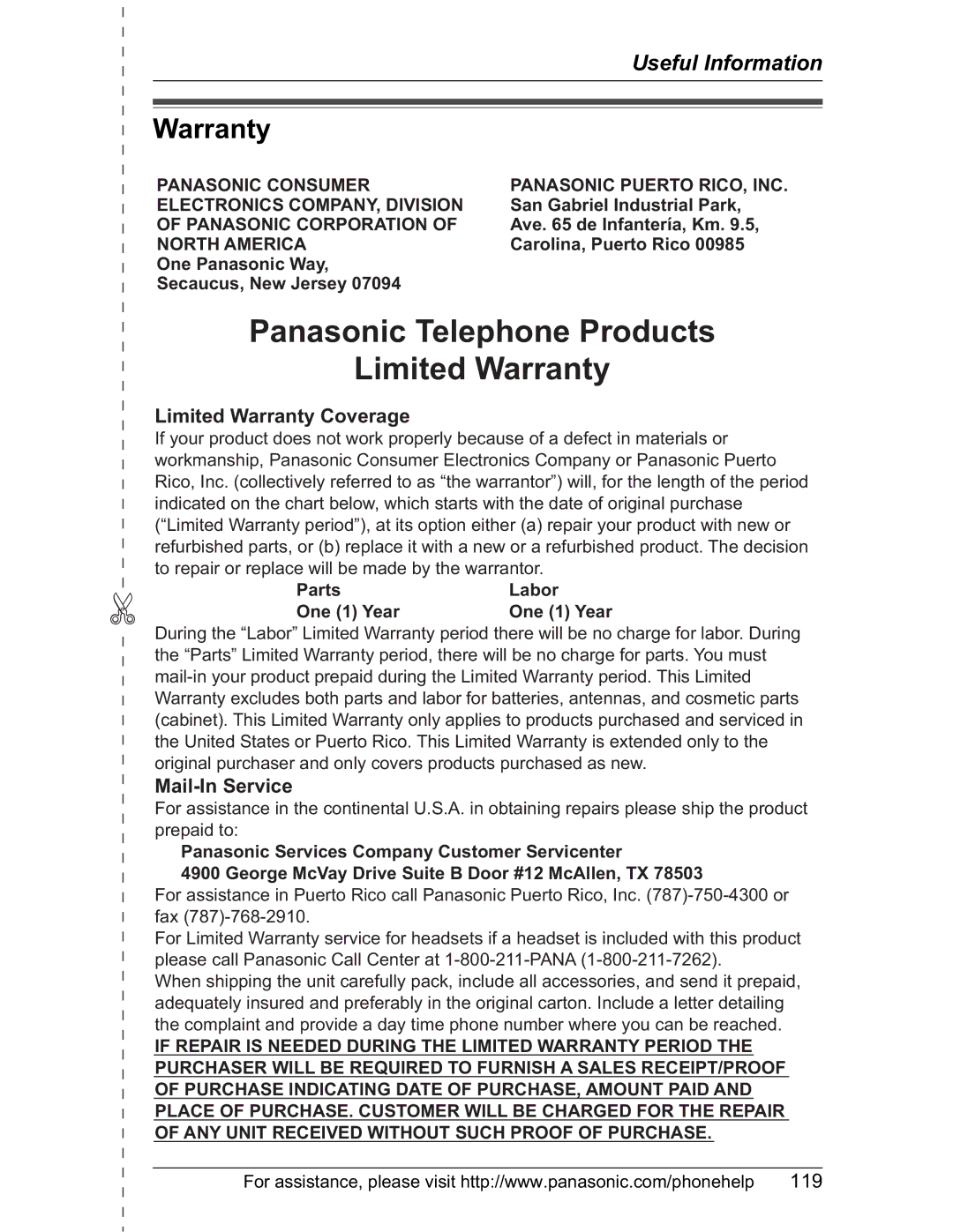 Panasonic KX-TH102-M operating instructions Panasonic Telephone Products Limited Warranty 