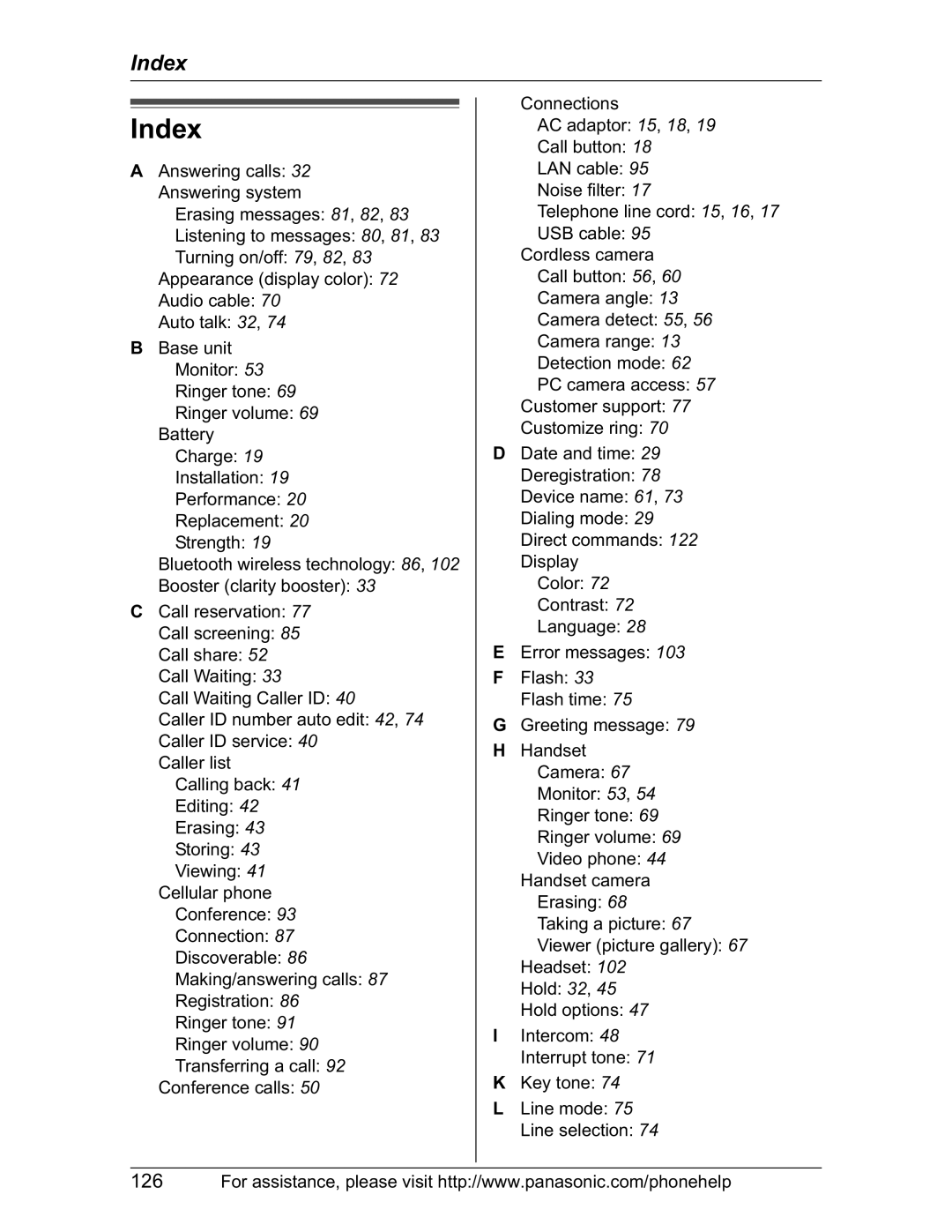 Panasonic KX-TH102-M operating instructions Index 