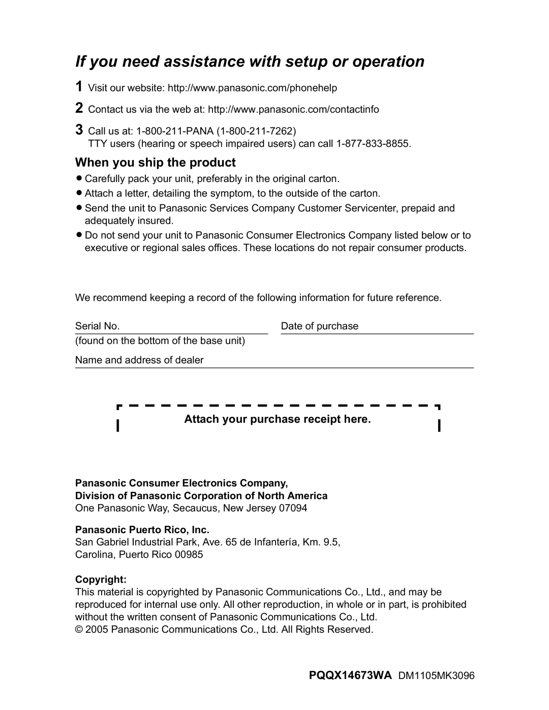 Panasonic KX-TH102-M operating instructions When you ship the product, Panasonic Puerto Rico, Inc, Copyright 