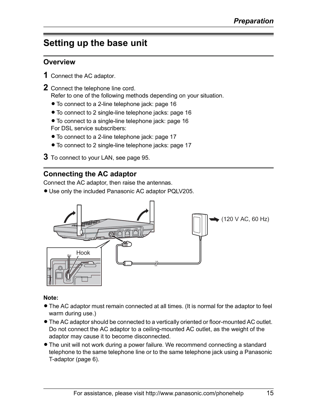 Panasonic KX-TH102-M operating instructions Setting up the base unit, Overview, Connecting the AC adaptor 