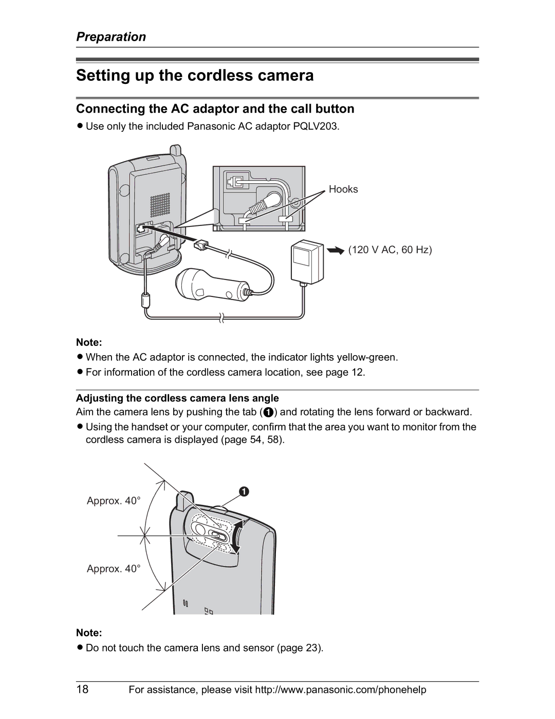 Panasonic KX-TH102-M operating instructions Setting up the cordless camera, Connecting the AC adaptor and the call button 