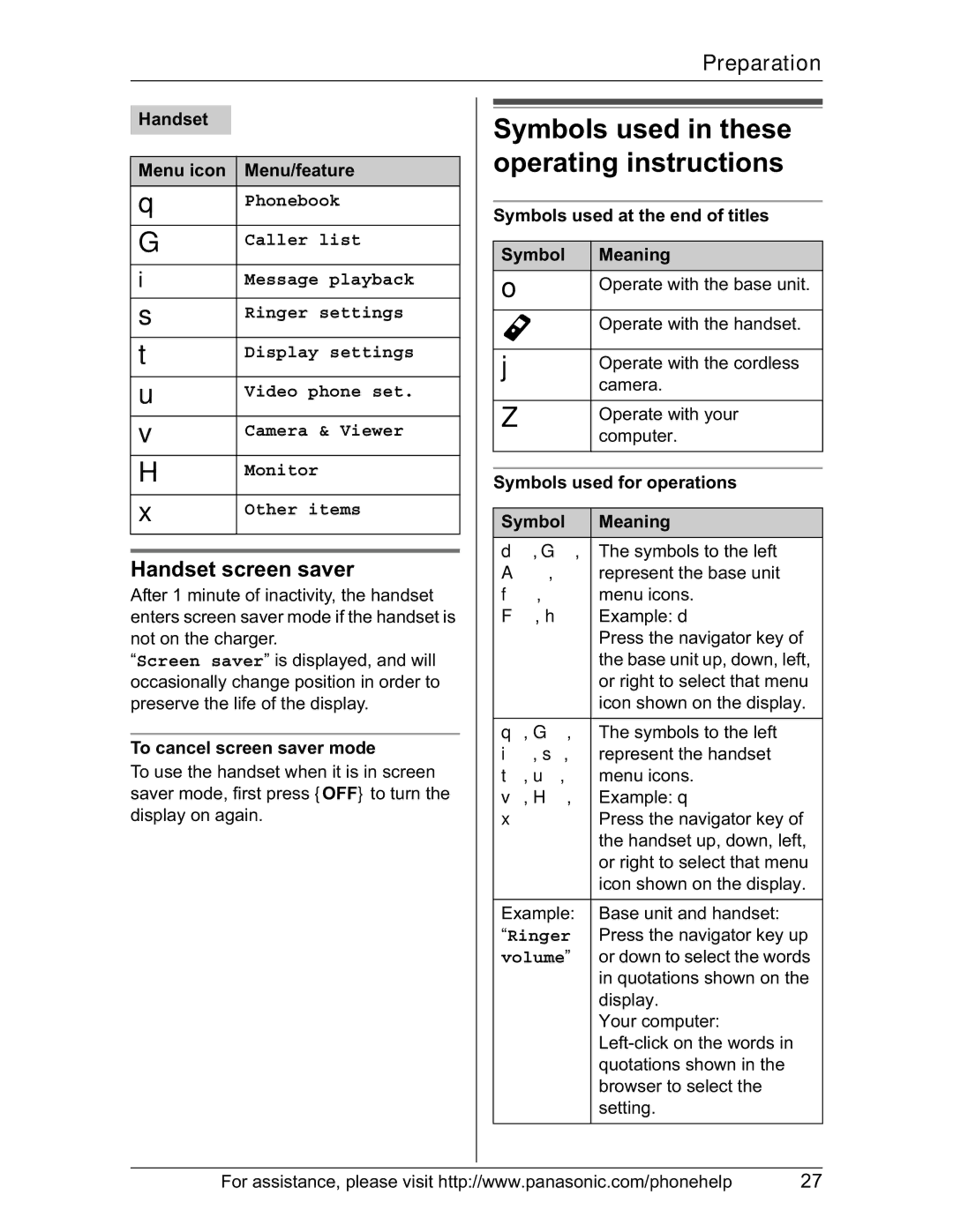 Panasonic KX-TH102-M Symbols used in these operating instructions, Handset screen saver 