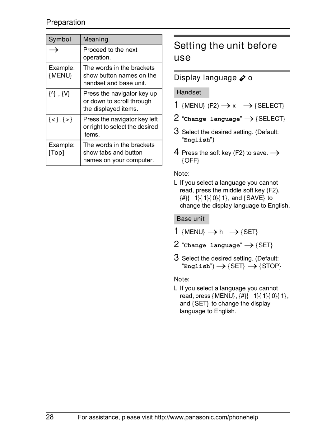 Panasonic KX-TH102-M Setting the unit before use, Display language Y o, Change language iSELECT, Change language iSET 