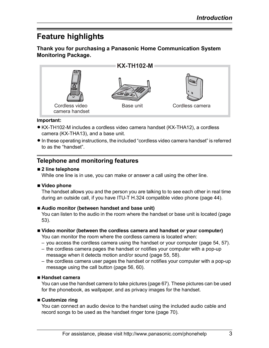 Panasonic KX-TH102-M operating instructions Feature highlights, Telephone and monitoring features 