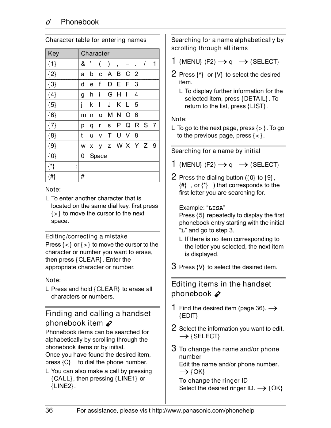 Panasonic KX-TH102-M Finding and calling a handset phonebook item Y, Editing items in the handset phonebook Y 