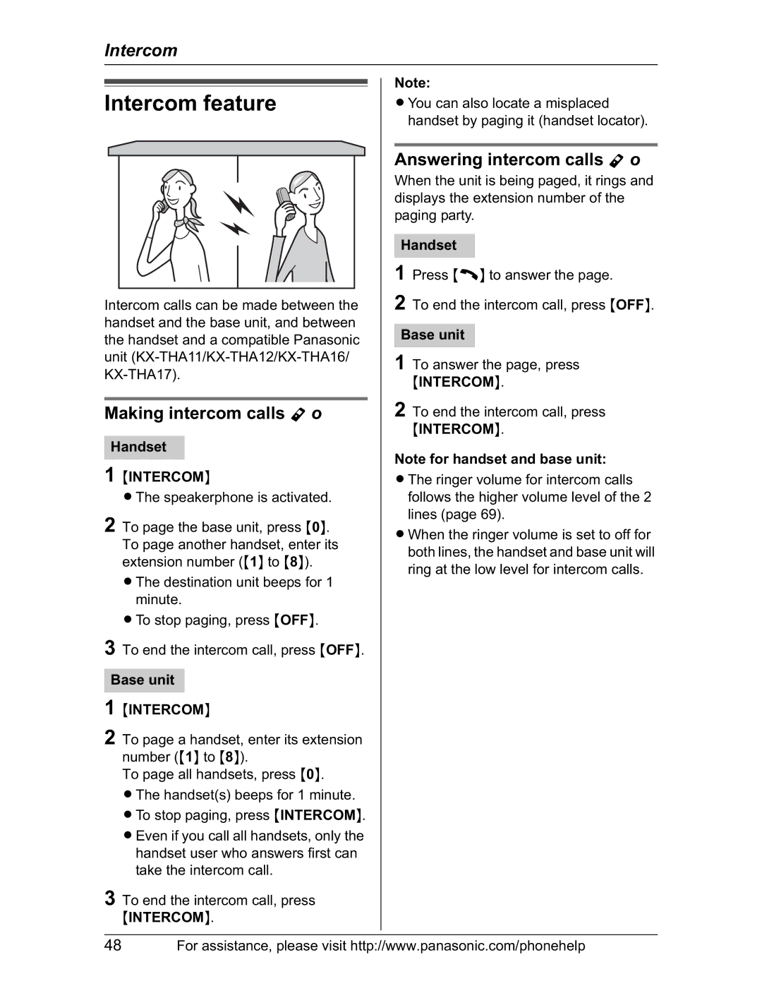 Panasonic KX-TH102-M operating instructions Intercom feature, Making intercom calls Y o, Answering intercom calls Y o 