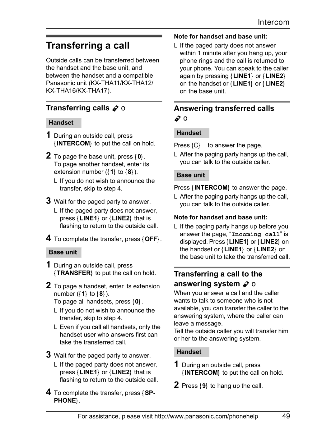 Panasonic KX-TH102-M operating instructions Transferring a call, Transferring calls Y o, Answering transferred calls 