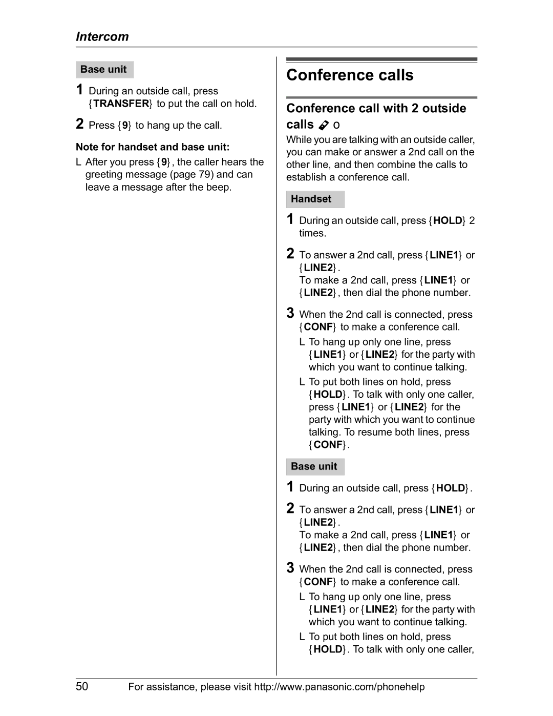 Panasonic KX-TH102-M operating instructions Conference calls, Conference call with 2 outside calls Y o 