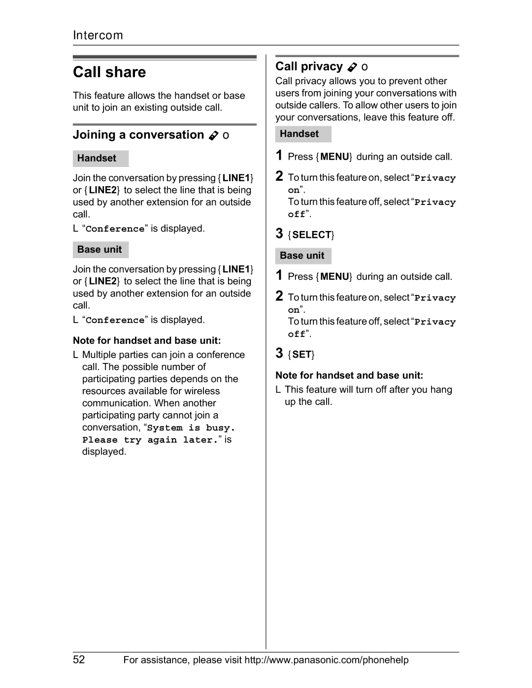 Panasonic KX-TH102-M operating instructions Call share, Joining a conversation Y o, Call privacy Y o, Set 