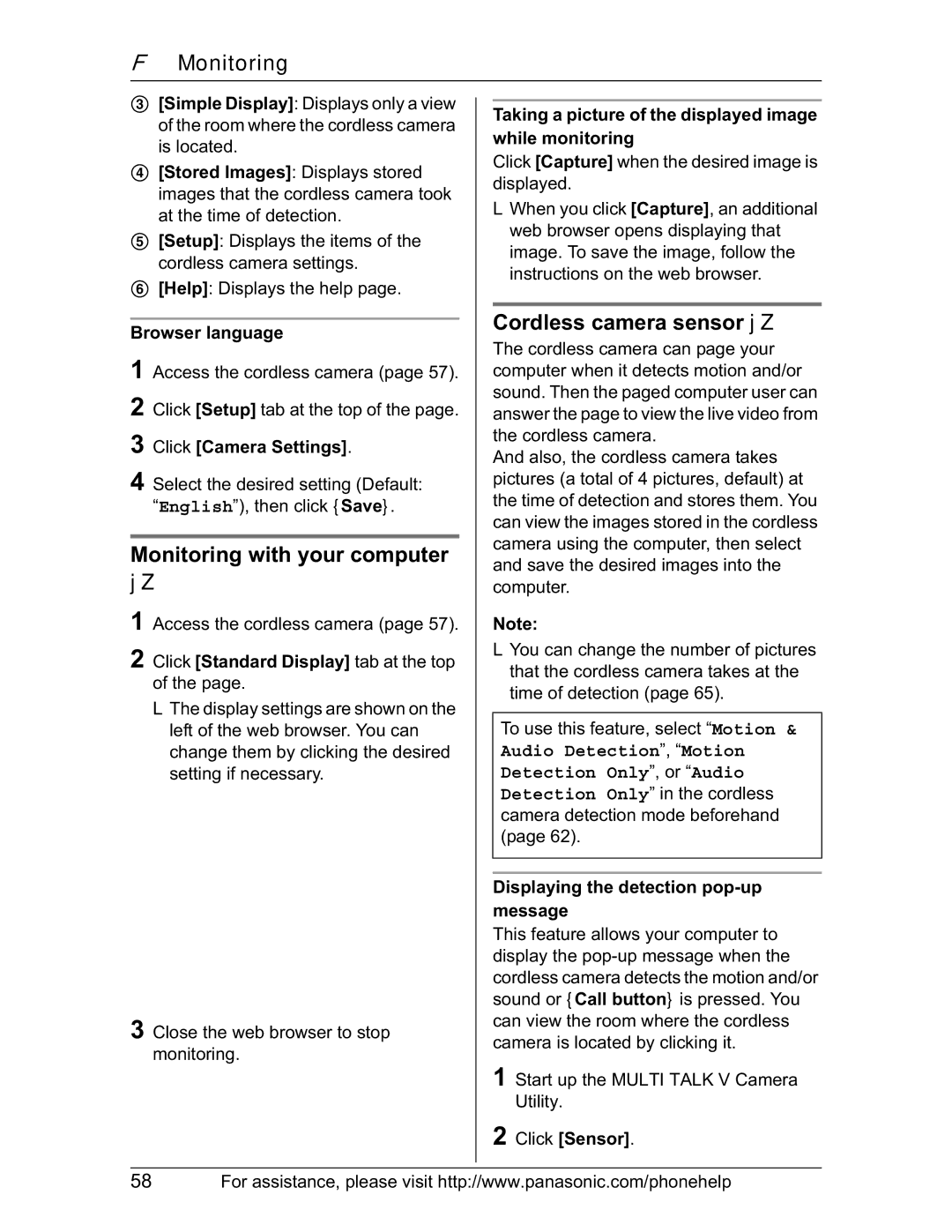 Panasonic KX-TH102-M operating instructions Monitoring with your computer, Cordless camera sensor j Z 