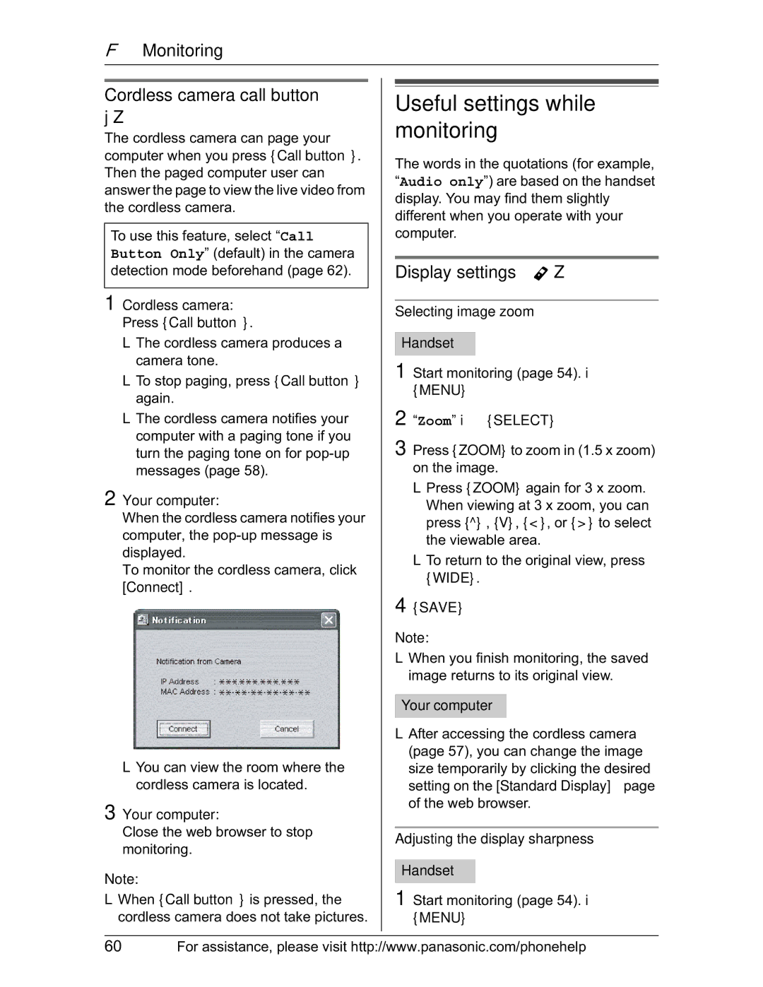 Panasonic KX-TH102-M Useful settings while monitoring, Display settings Y Z, Selecting image zoom Handset 