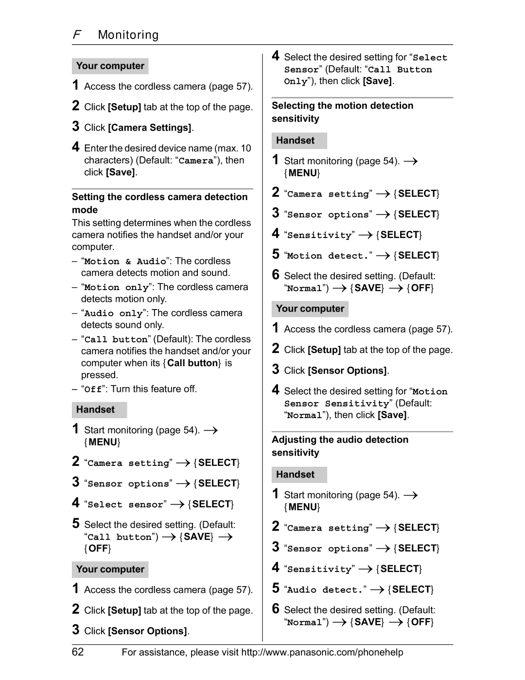 Panasonic KX-TH102-M operating instructions Setting the cordless camera detection mode, Click Sensor Options 