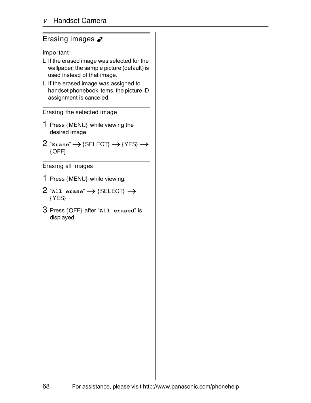 Panasonic KX-TH102-M operating instructions Erasing images Y, Erasing the selected image, Erasing all images 