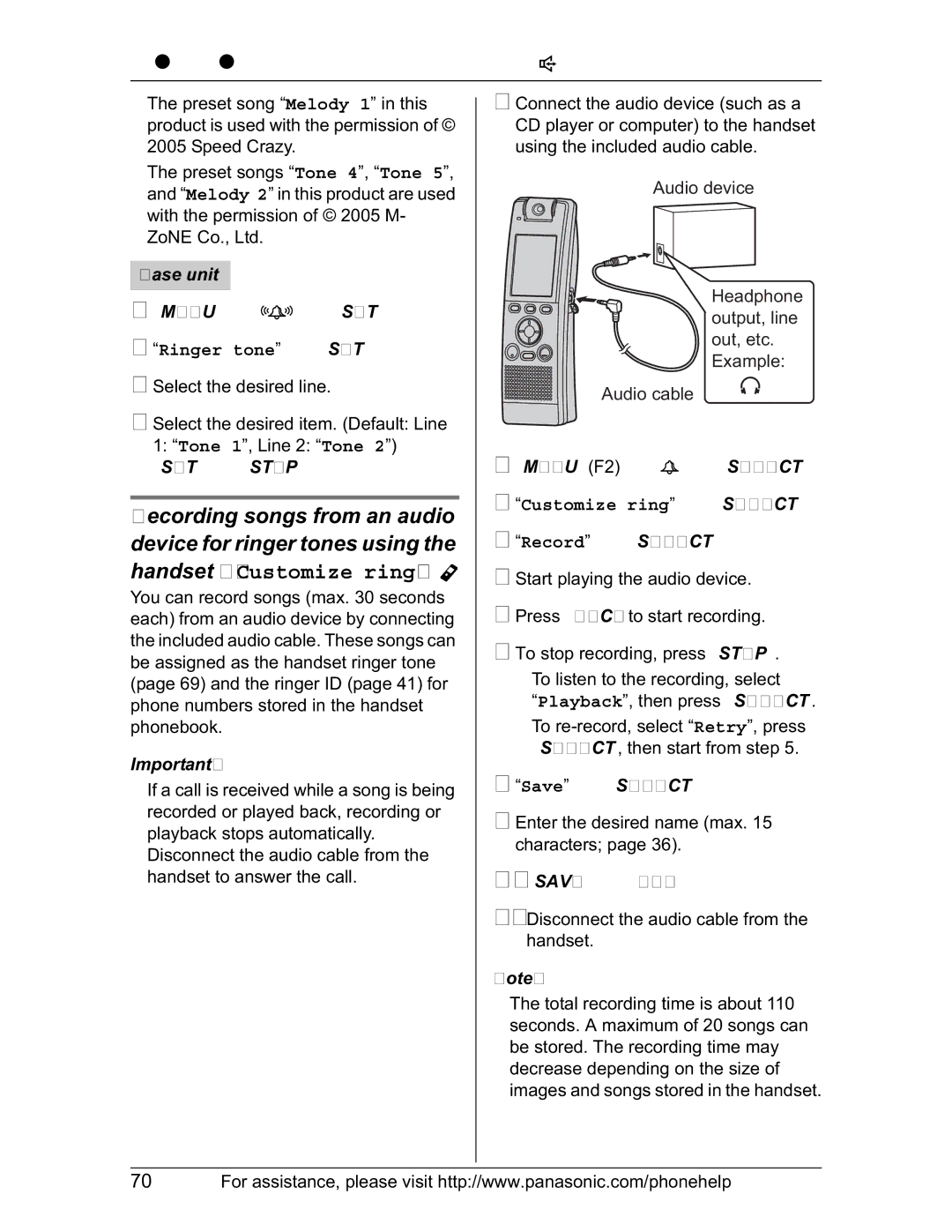 Panasonic KX-TH102-M operating instructions Recording songs from an audio, Device for ringer tones using, Ringer tone iSET 