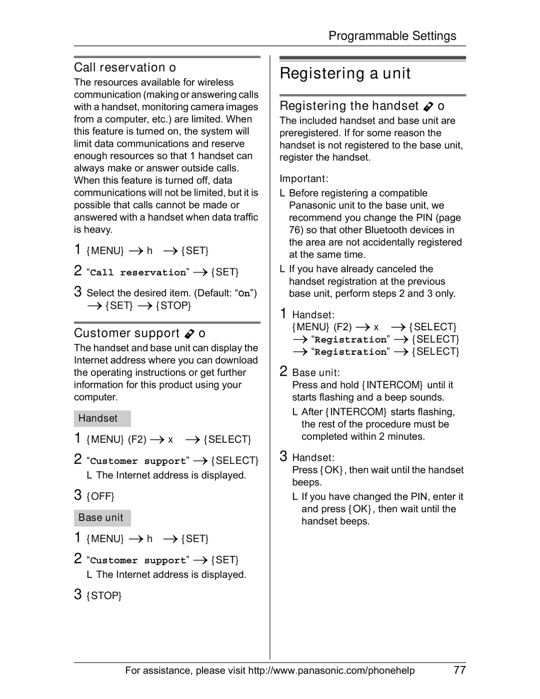 Panasonic KX-TH102-M Registering a unit, Call reservation o, Customer support Y o, Registering the handset Y o 