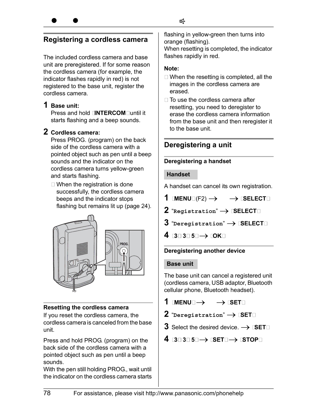 Panasonic KX-TH102-M Registering a cordless camera, Deregistering a unit, Registration iSELECT Deregistration iSELECT 