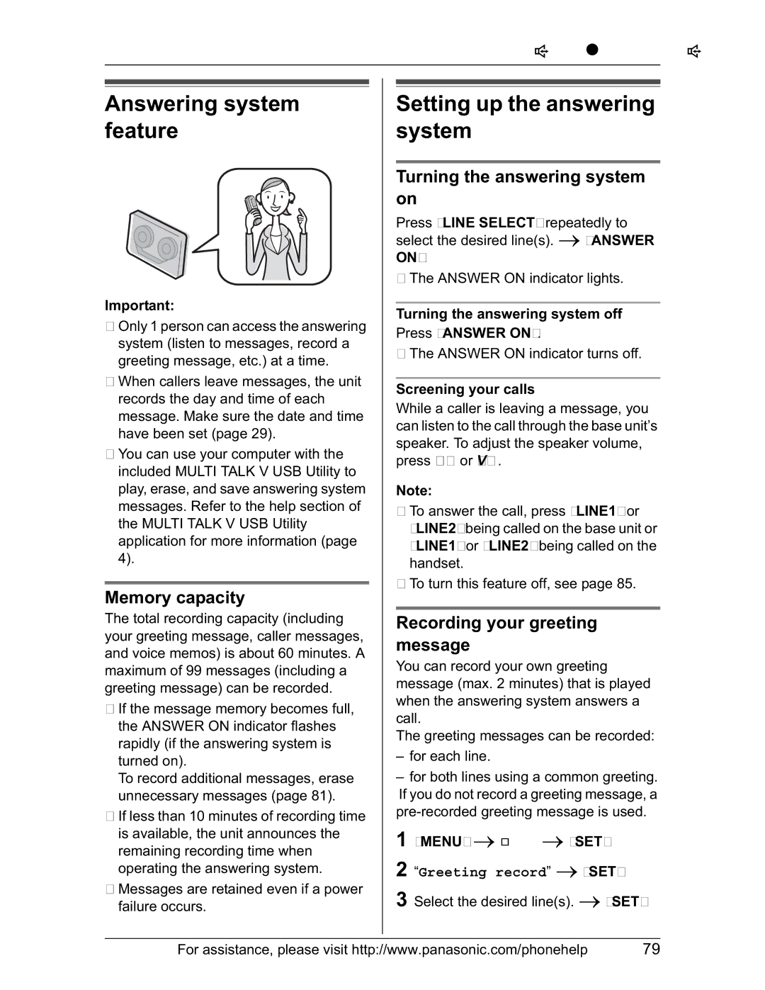 Panasonic KX-TH102-M operating instructions Answering system feature, Setting up the answering system, Memory capacity 