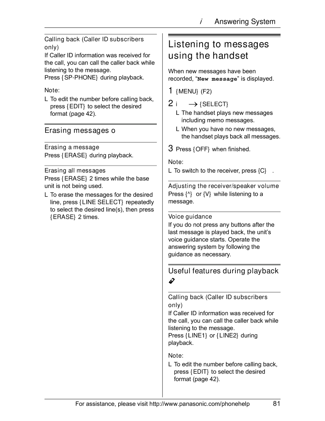 Panasonic KX-TH102-M operating instructions Listening to messages using the handset, Erasing messages o 