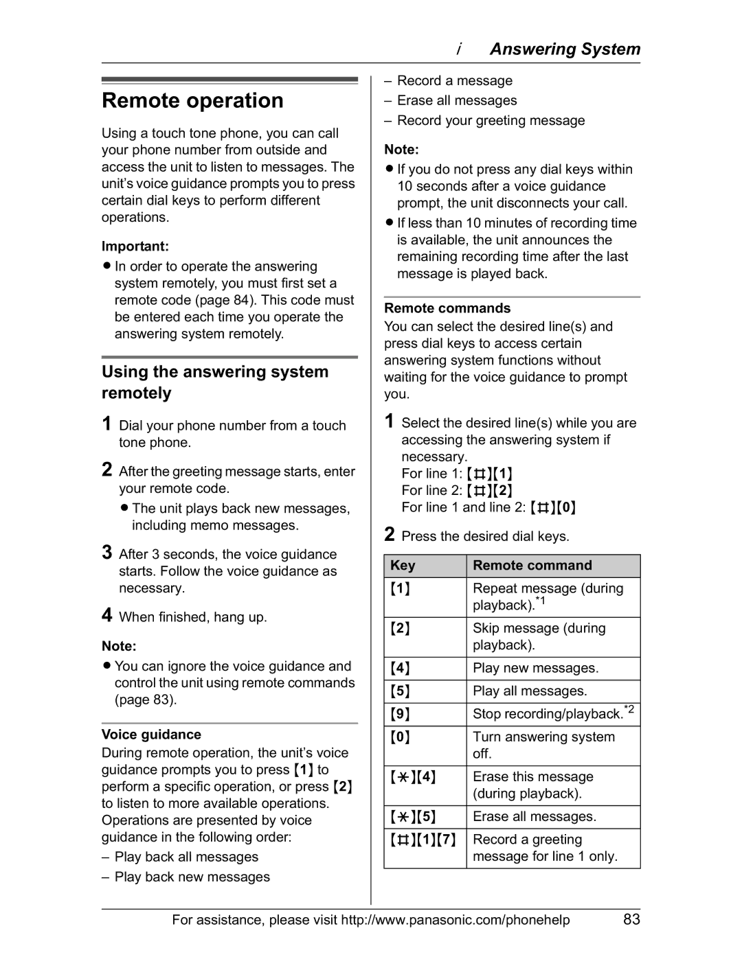 Panasonic KX-TH102-M Remote operation, Using the answering system remotely, Remote commands, Key Remote command 