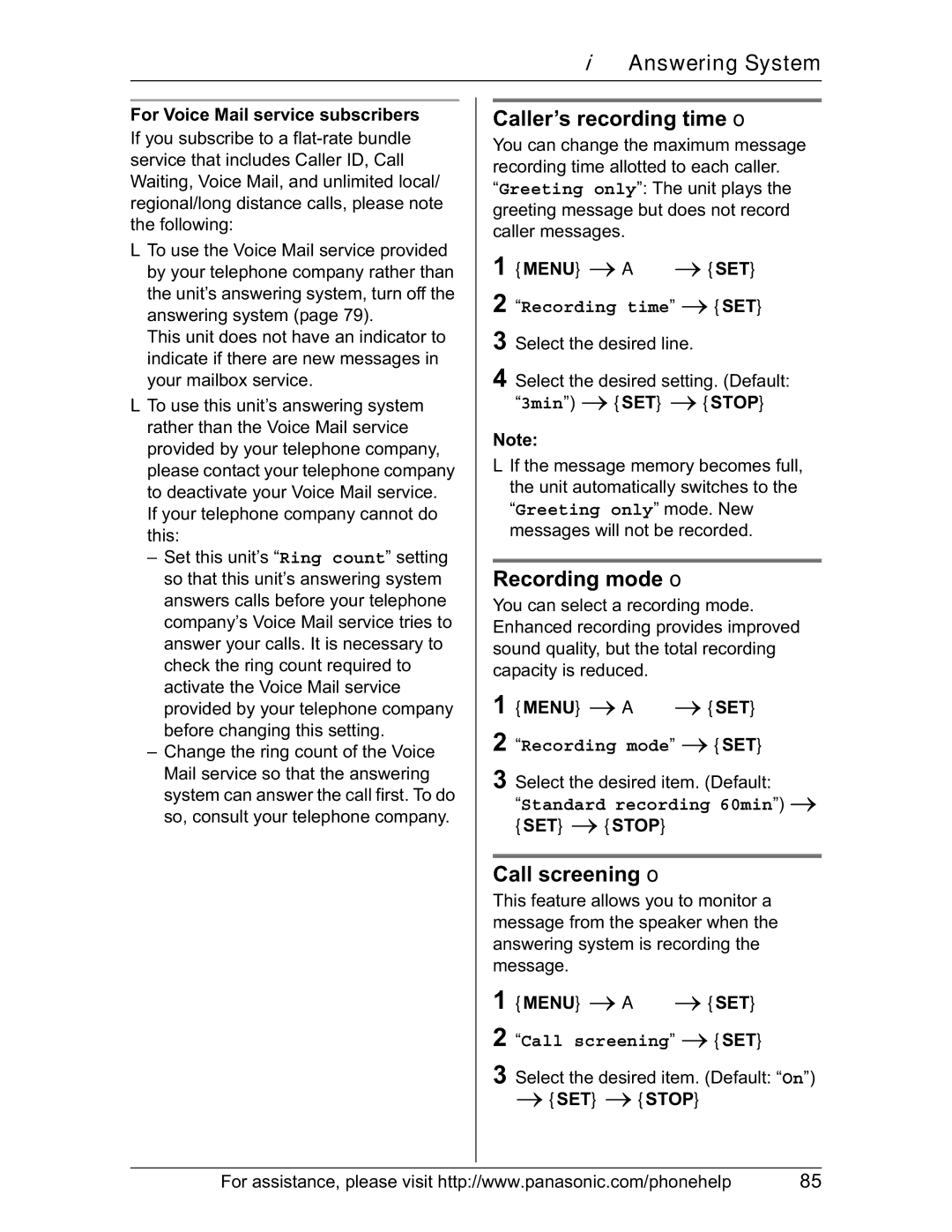 Panasonic KX-TH102-M operating instructions Caller’s recording time o, Recording mode o, Call screening o 