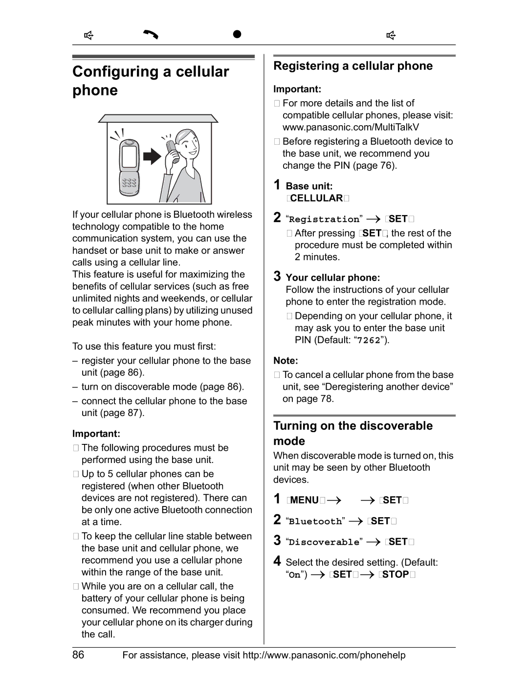 Panasonic KX-TH102-M Configuring a cellular phone, Registering a cellular phone o, Turning on the discoverable mode o 