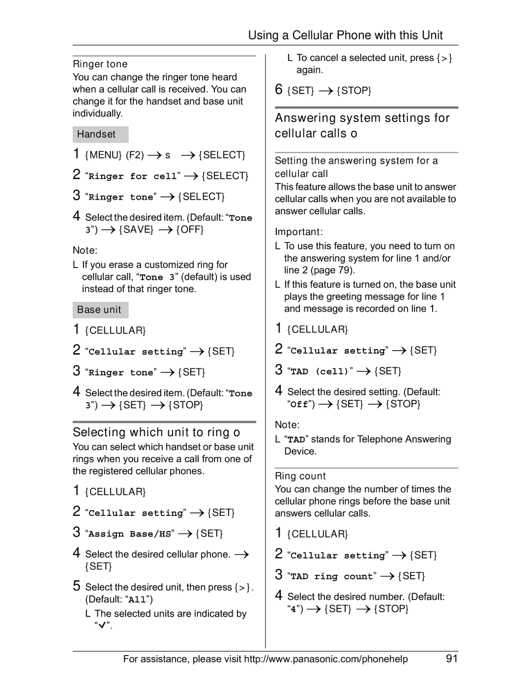 Panasonic KX-TH102-M operating instructions Selecting which unit to ring o, Answering system settings for cellular calls o 