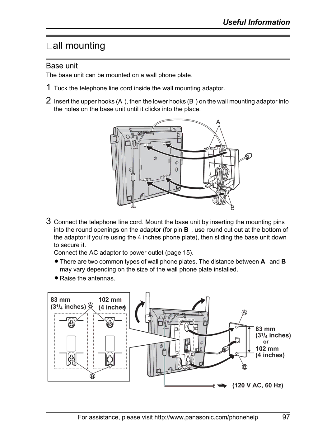 Panasonic KX-TH102-M operating instructions Wall mounting, Base unit 