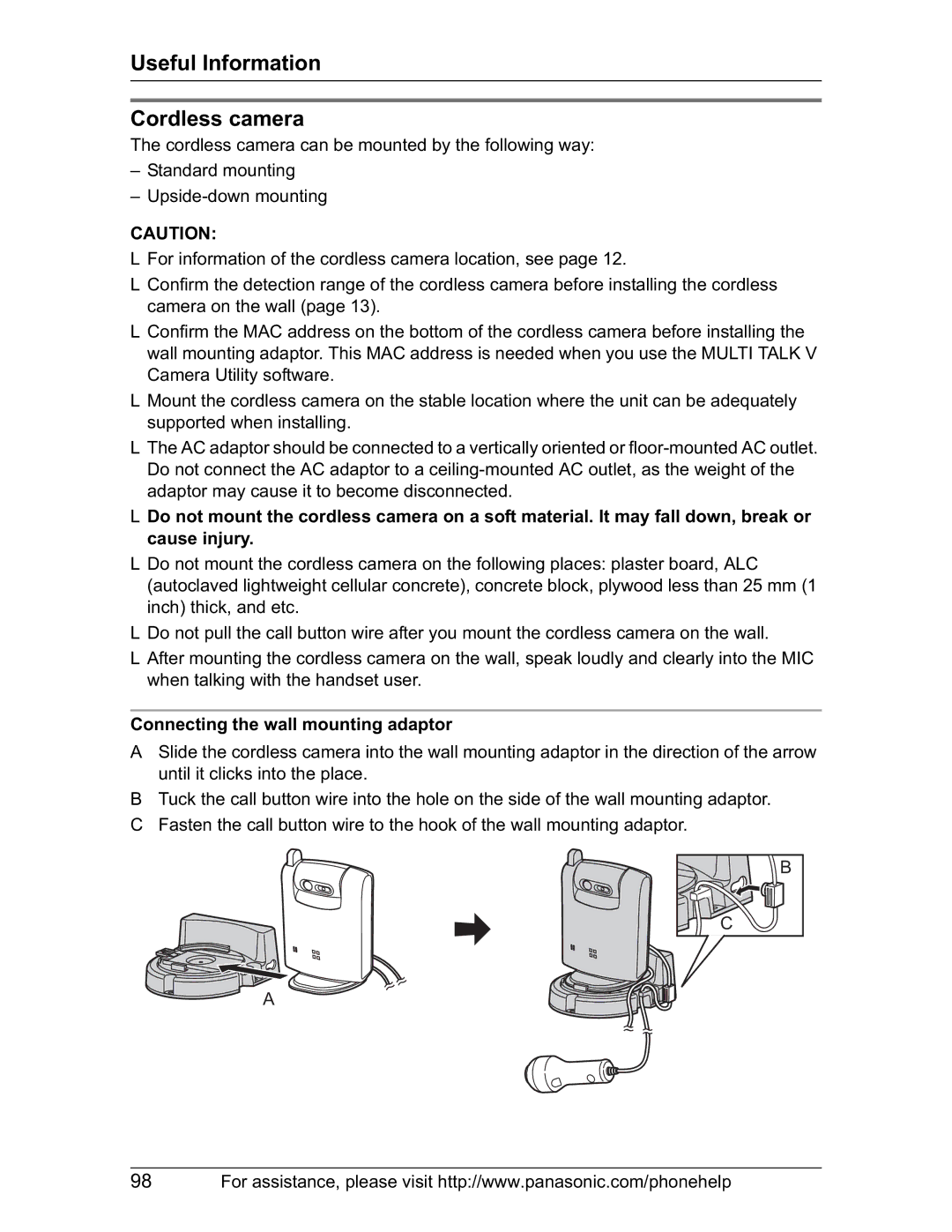 Panasonic KX-TH102-M operating instructions Cordless camera, Connecting the wall mounting adaptor 