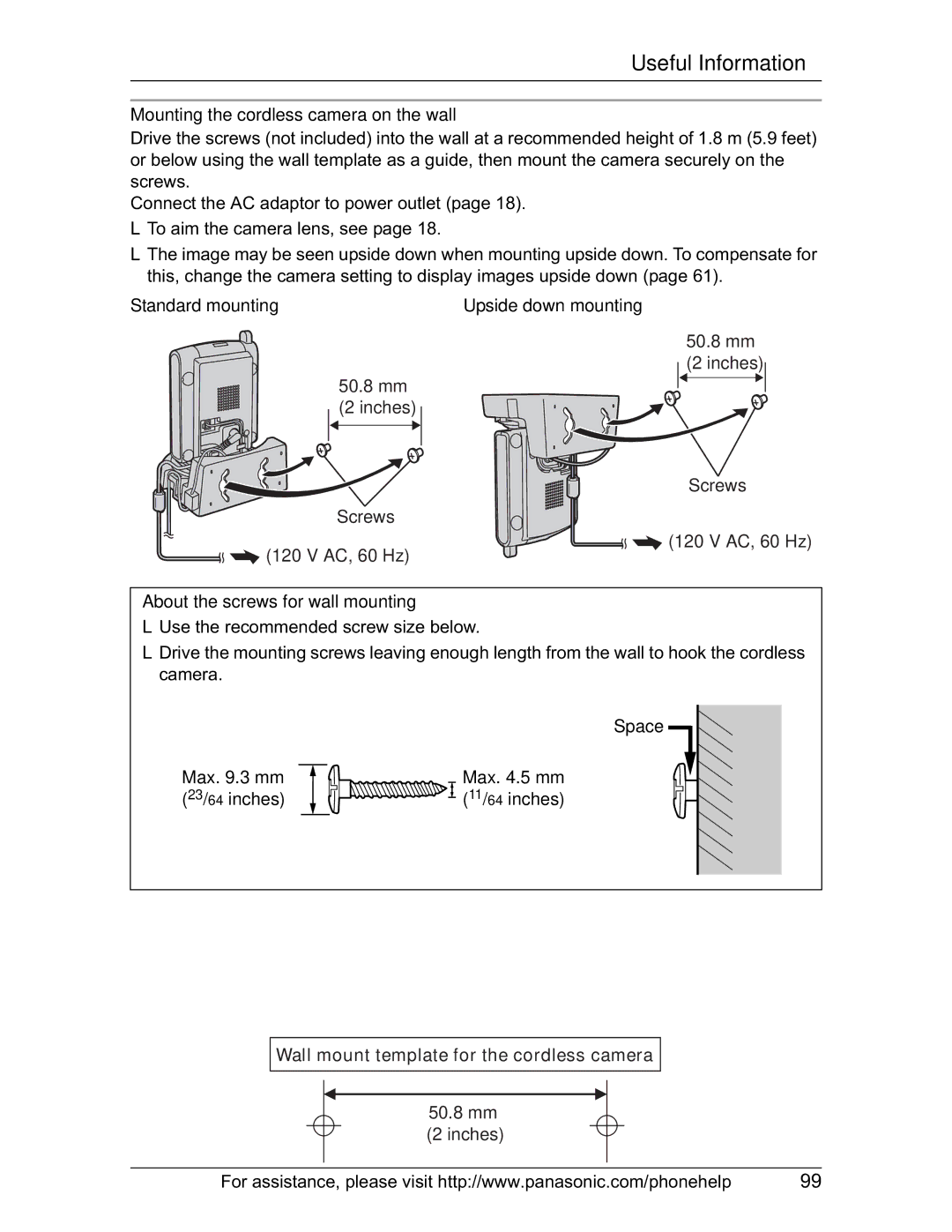 Panasonic KX-TH102-M Mounting the cordless camera on the wall, Standard mounting Upside down mounting 