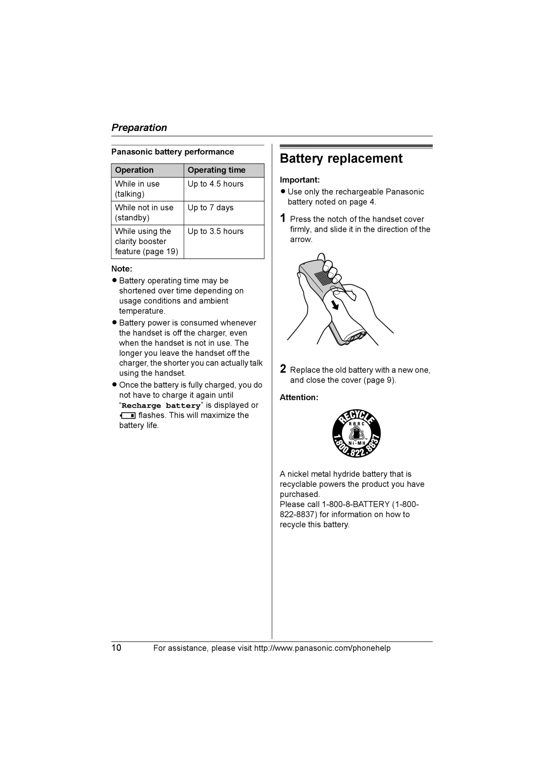 Panasonic KX-THA11 operating instructions Battery replacement, Panasonic battery performance Operation Operating time 