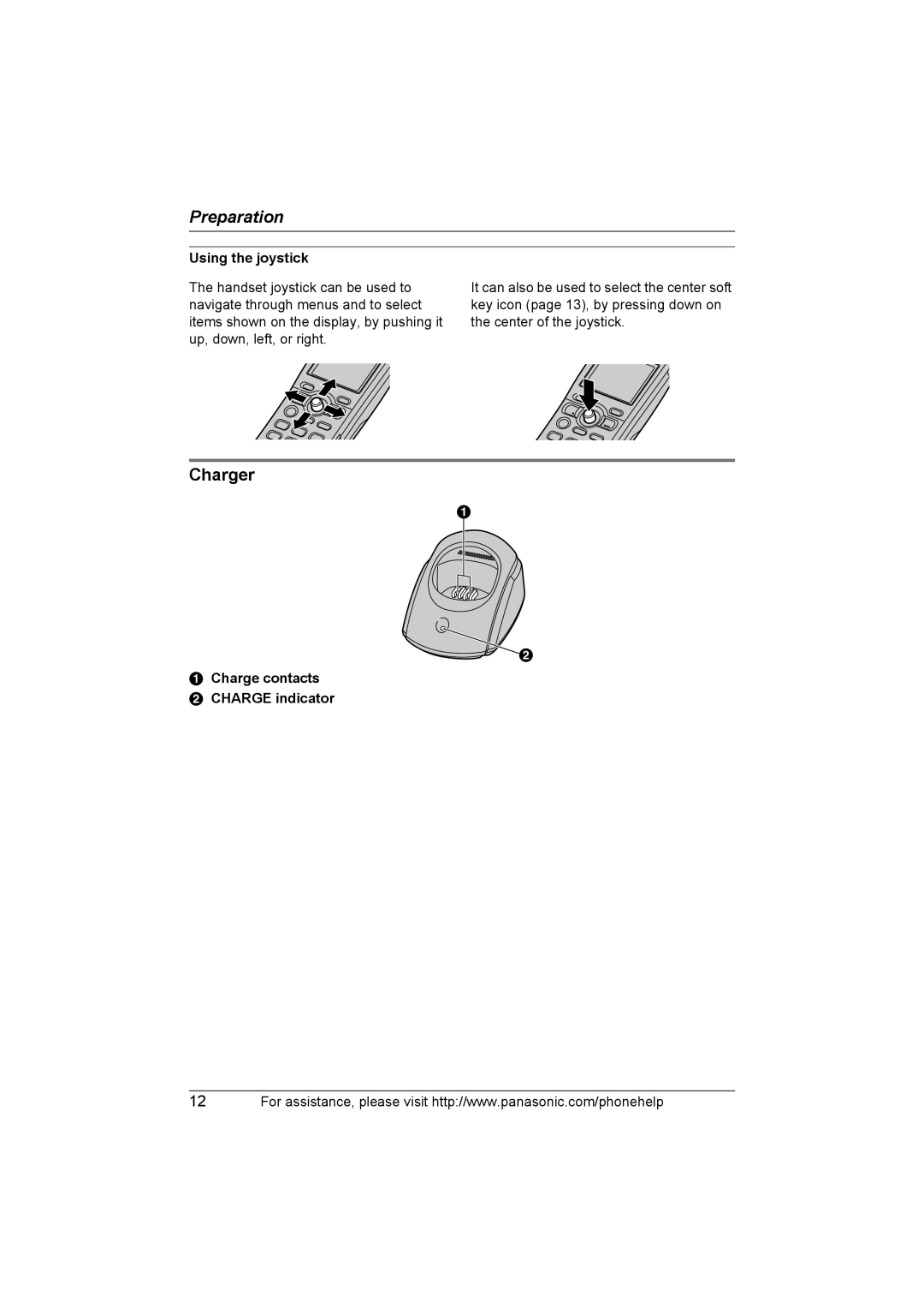 Panasonic KX-THA11 operating instructions Charger, Using the joystick, Charge contacts Charge indicator 